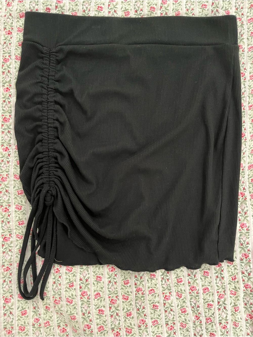 SHEIN Black Ribbed Ruched Side-Tie Mini Skirt